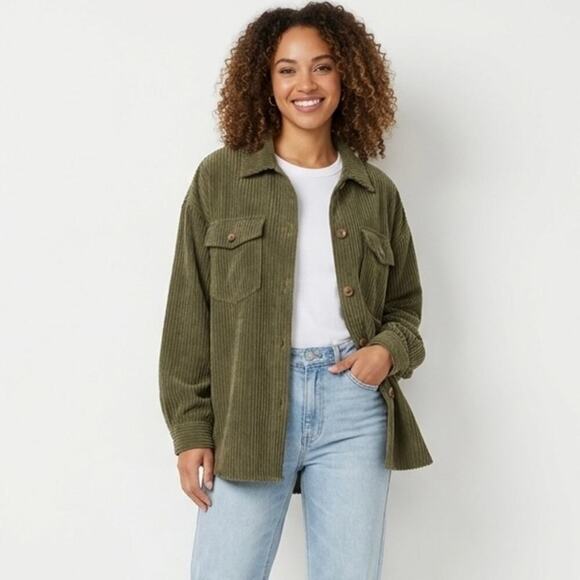 SHEIN Jackets & Blazers - Shein Women's Corduroy Shacket Jacket Size L Olive Green Button Up Long Sleeve